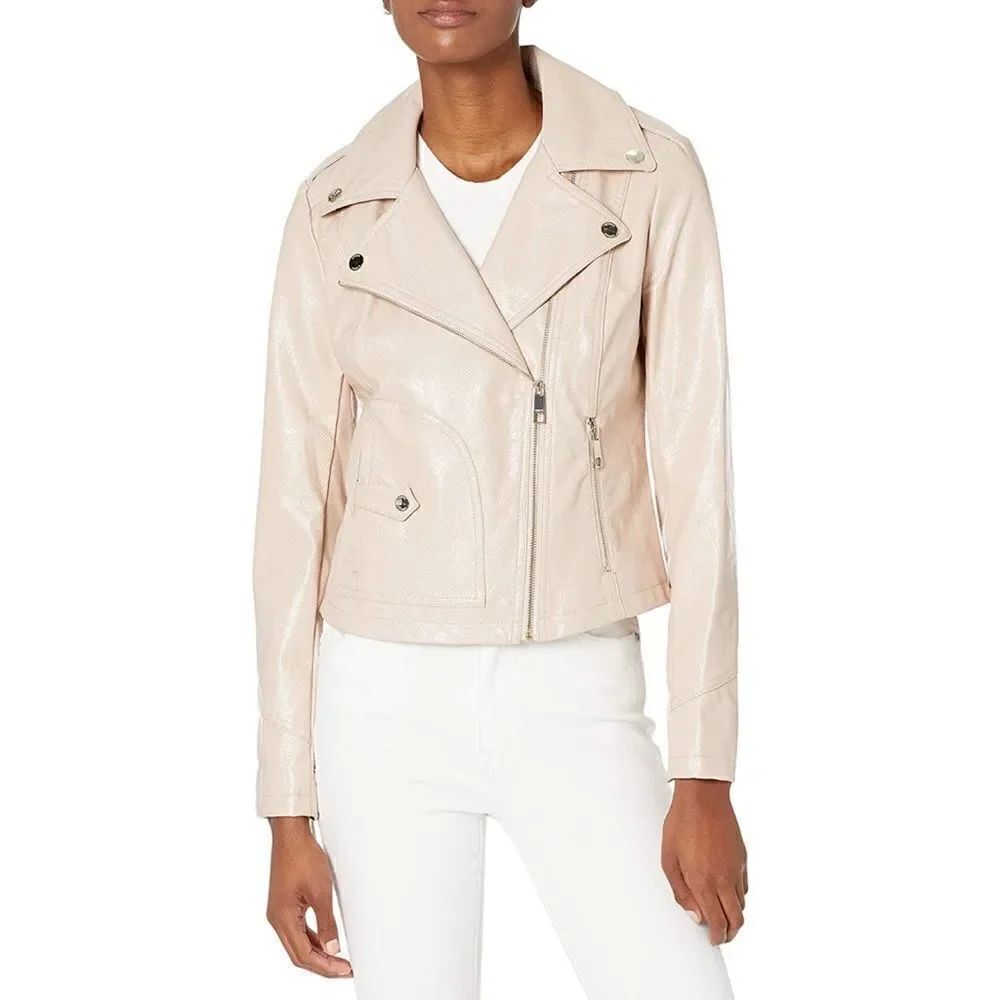 GUESS Women's Faux Leather Asymmetrical Moto Jacket Blush Pink XL NWT